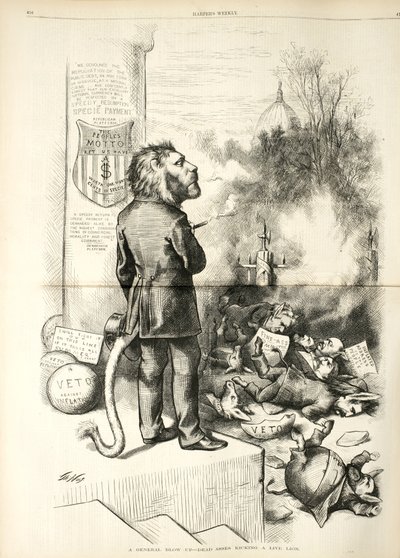 Ein allgemeiner Aufruhr - Tote Esel treten einen lebenden Löwen, 1874 (Holzstich) von Thomas Nast